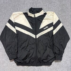 Diadora Soccer Mens Vintage Windbreaker Jacket Black Cream Full Zip Size M